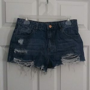 Distressed denim shorts